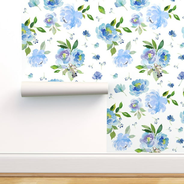 Removable Water-Activated Wallpaper Blue Watercolor Floral Abstract Branch 